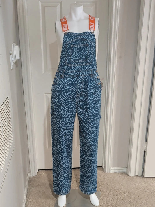 FUBU Blue Script-Print Denim Overalls with Orange Logo Straps Women's Small Y2K