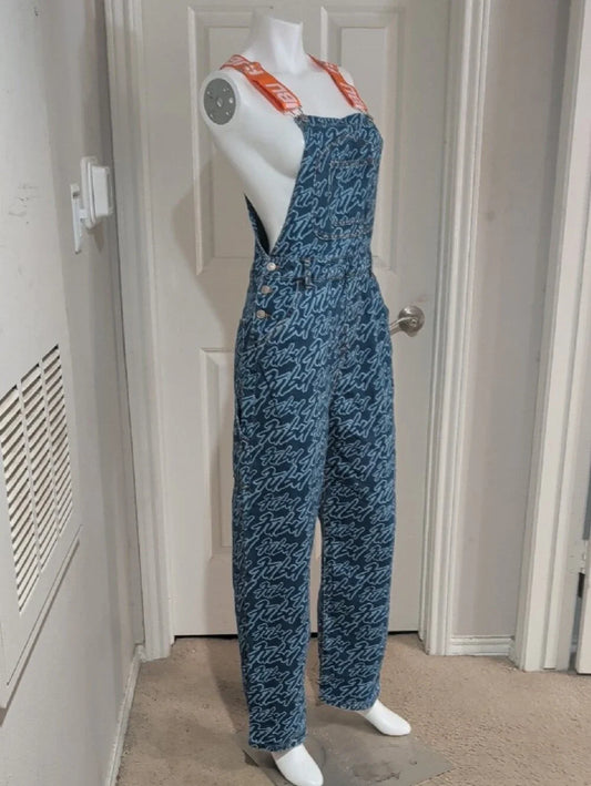 FUBU Blue Script-Print Denim Overalls with Orange Logo Straps Women's Small Y2K
