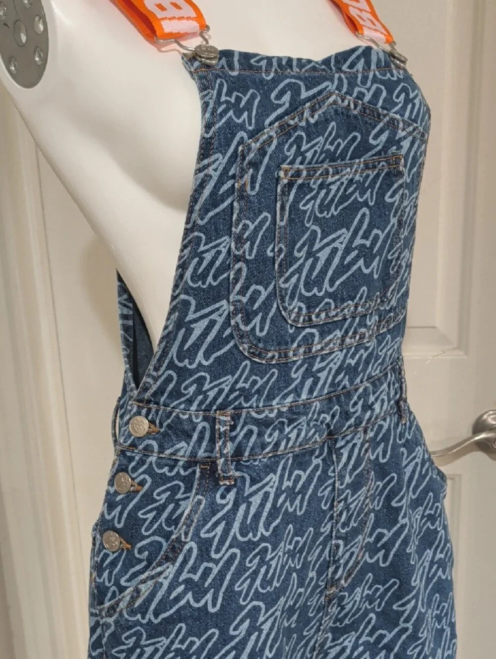 FUBU Blue Script-Print Denim Overalls with Orange Logo Straps Women's Small Y2K