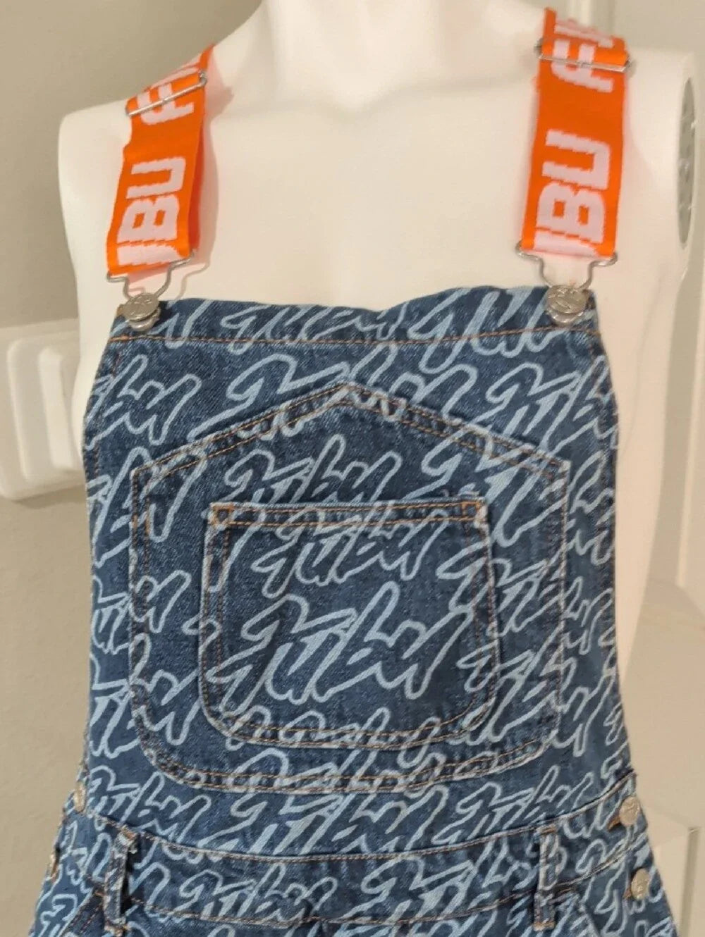 FUBU Blue Script-Print Denim Overalls with Orange Logo Straps Women's Small Y2K