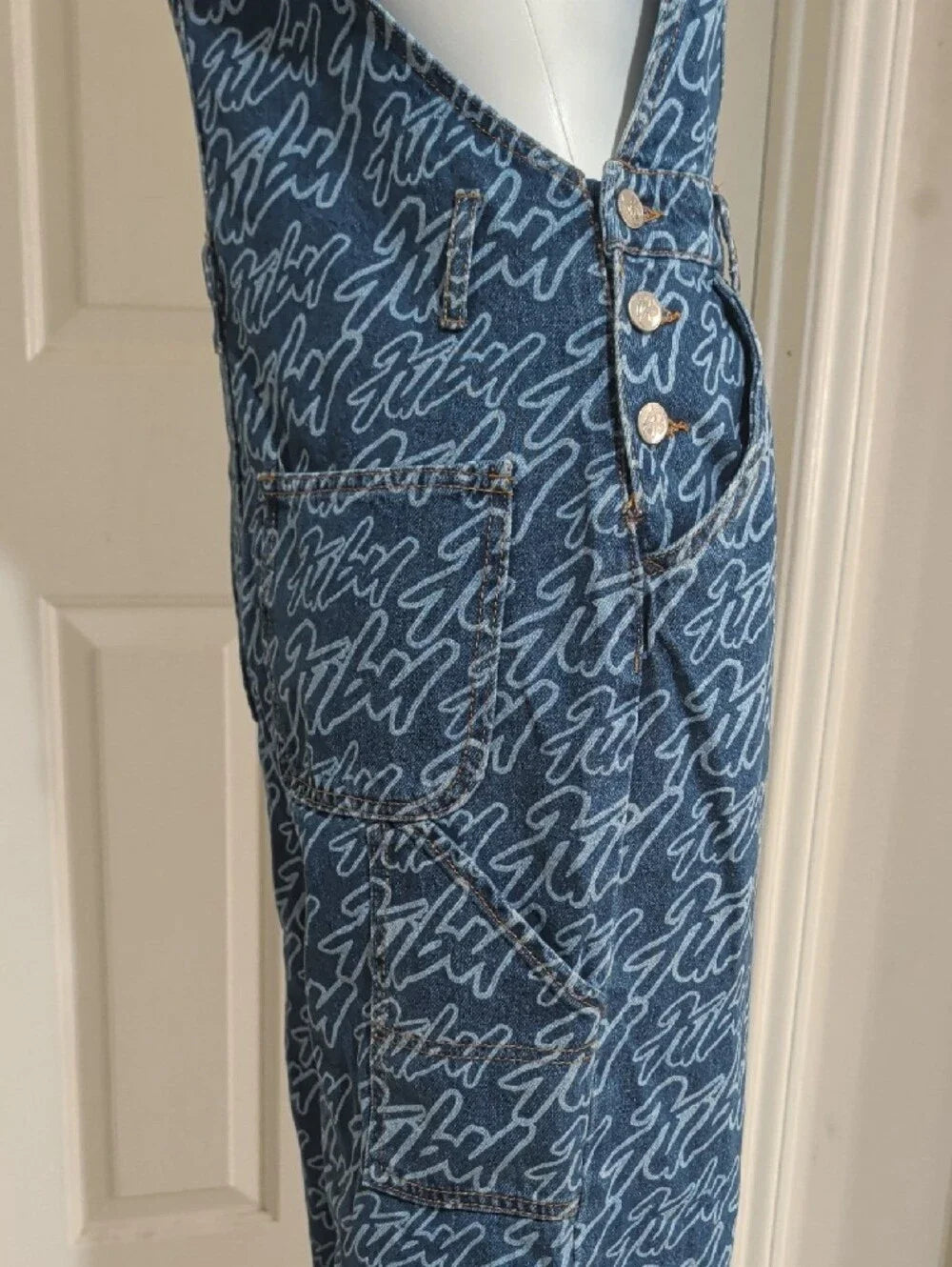 FUBU Blue Script-Print Denim Overalls with Orange Logo Straps Women's Small Y2K