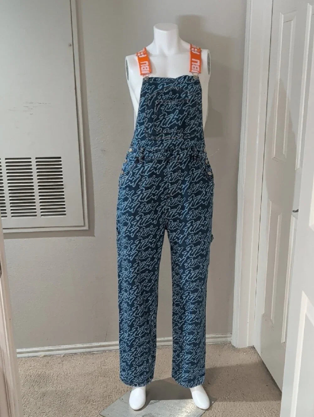 FUBU Blue Script-Print Denim Overalls with Orange Logo Straps Women's Small Y2K
