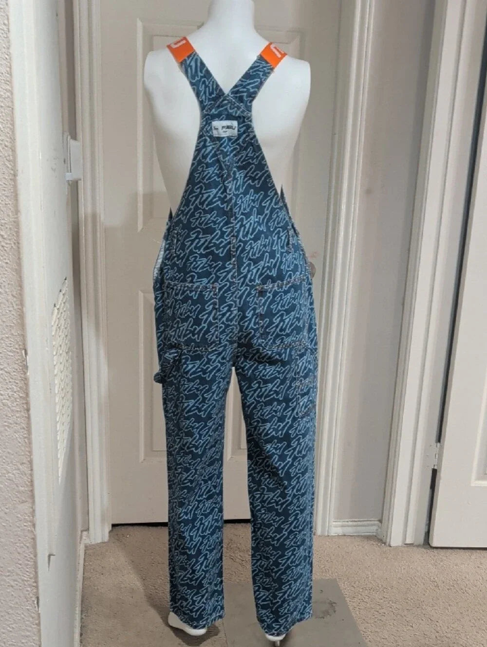FUBU Blue Script-Print Denim Overalls with Orange Logo Straps Women's Small Y2K