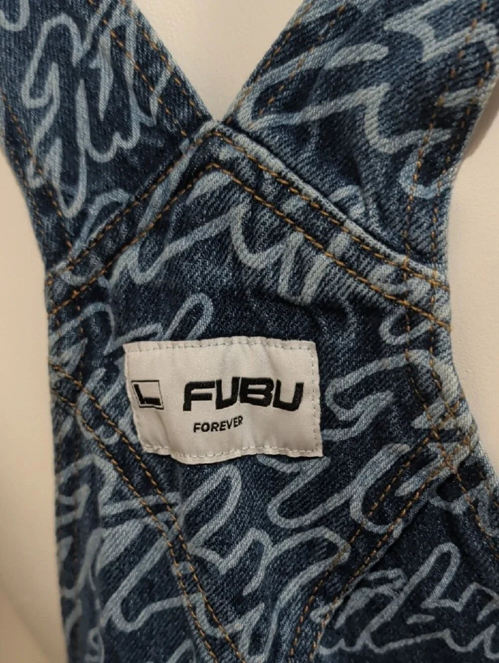 FUBU Blue Script-Print Denim Overalls with Orange Logo Straps Women's Small Y2K
