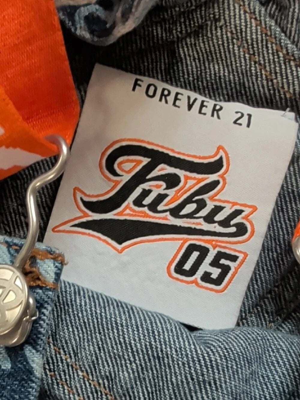 FUBU Blue Script-Print Denim Overalls with Orange Logo Straps Women's Small Y2K