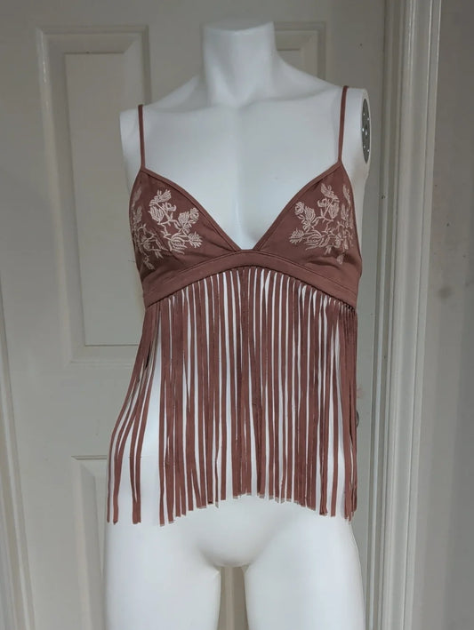 Forever 21 Mauve Fringed Embroidered Spaghetti Strap Crop Top Women's Small