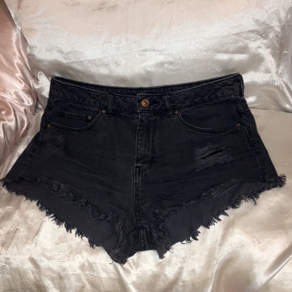 Divided Black Frayed Distressed Black Denim Women Shorts Size 8