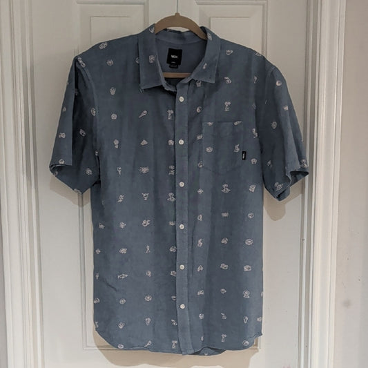 VANS-Mens Short Sleeve Casual Button Down Shirt-Large-Blue-100% Cotton