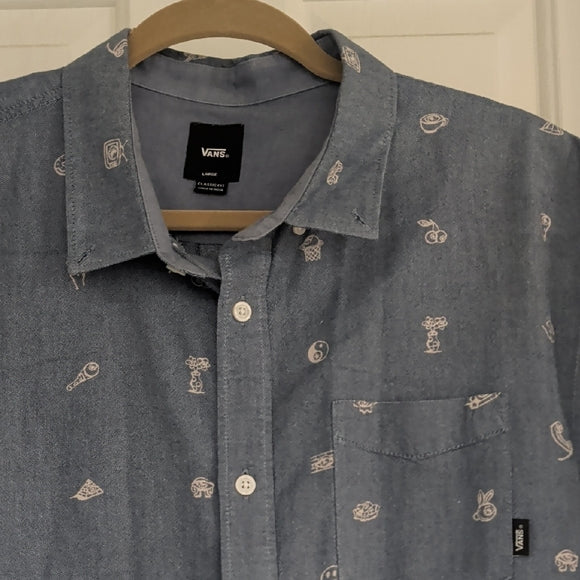 VANS-Mens Short Sleeve Casual Button Down Shirt-Large-Blue-100% Cotton