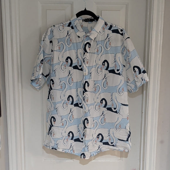 SSLR Men's Colection Swan Pattern Shirt - Light Blue and White L Button-Down