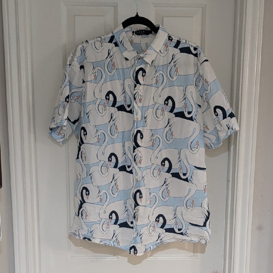 SSLR Men's Colection Swan Pattern Shirt - Light Blue and White L Button-Down