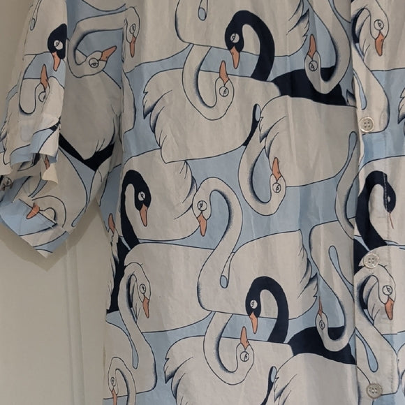 SSLR Men's Colection Swan Pattern Shirt - Light Blue and White L Button-Down