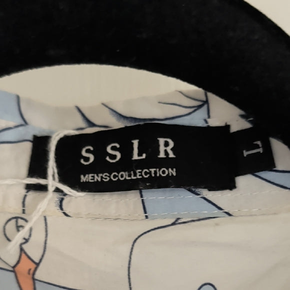 SSLR Men's Colection Swan Pattern Shirt - Light Blue and White L Button-Down