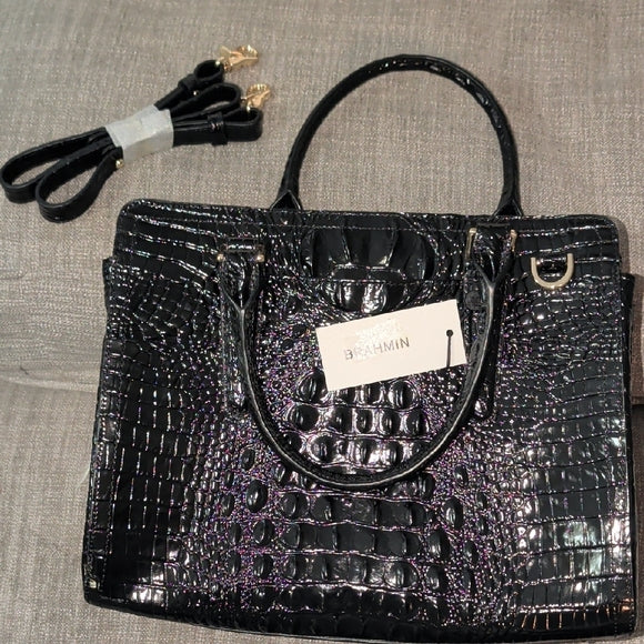 NWT Brahmin Midnight Croc-Embossed Satchel