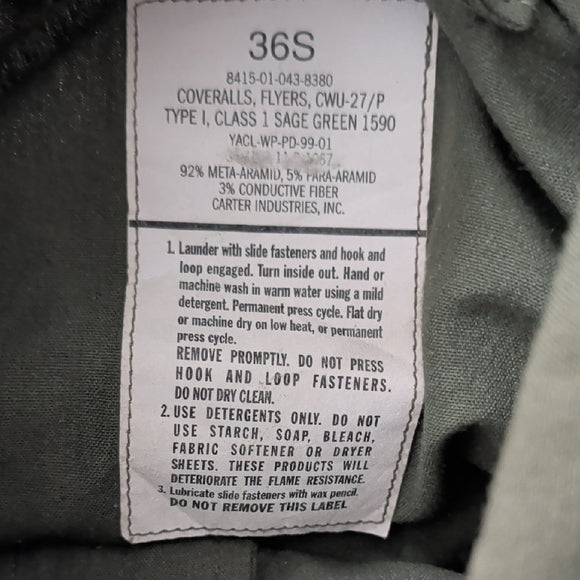 Carter Industries, Inc. Flight Suit Sage Green Coveralls with Fasteners 36S