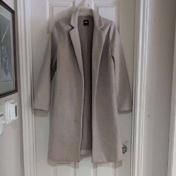 Zara Womens Beige Long Sleeve Collared Open Front Trench Coat Size S