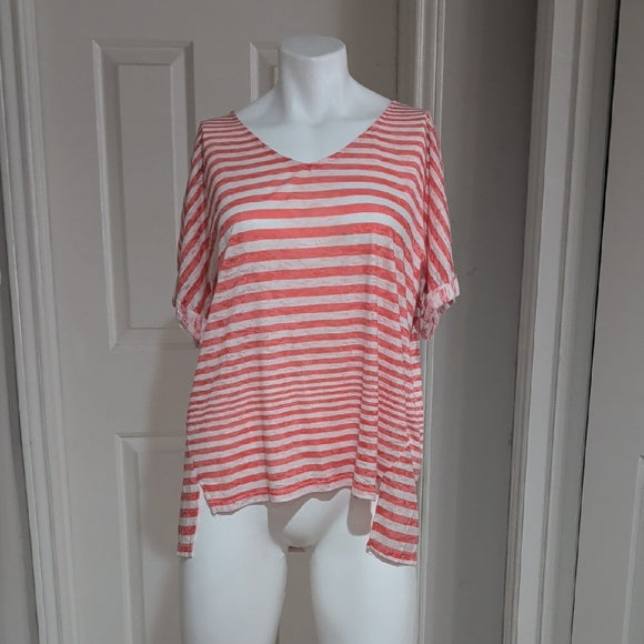 Seven7 Jeans Casual Striped Orange Coral Short Sleeve Top M
