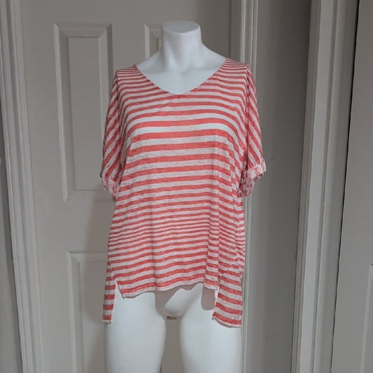 Seven7 Jeans Casual Striped Orange Coral Short Sleeve Top M