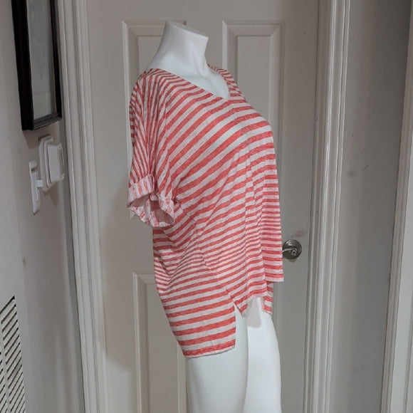 Seven7 Jeans Casual Striped Orange Coral Short Sleeve Top M