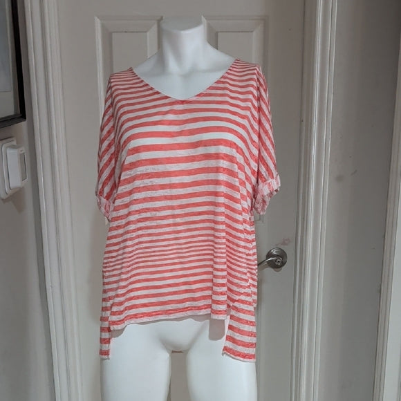 Seven7 Jeans Casual Striped Orange Coral Short Sleeve Top M