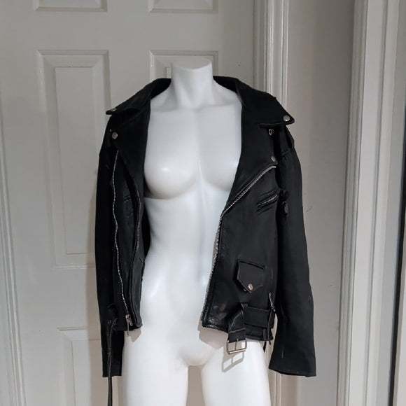 Edgy Black Leather Jacket with Silver Accents Medium