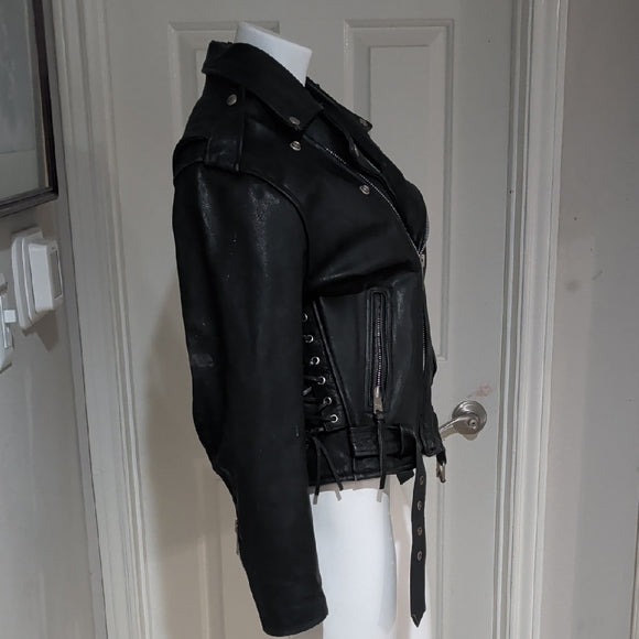 Edgy Black Leather Jacket with Silver Accents Medium