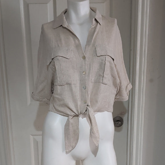 Bershka Light Beige Button-Down Shirt with Tie-Front XS
