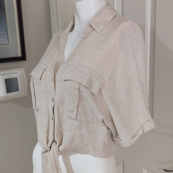 Bershka Light Beige Button-Down Shirt with Tie-Front XS