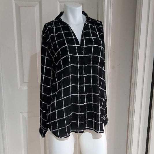 Ann Taylor Factory Black and White Checkered Sheer Long Sleeve Blouse M