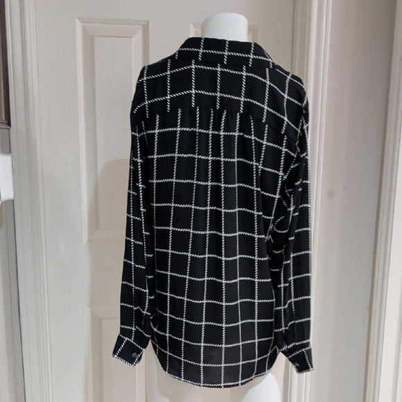 Ann Taylor Factory Black and White Checkered Sheer Long Sleeve Blouse M