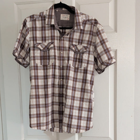 7 Diamonds Brown Maroon and White Plaid Pearl Snap Button Down Shirt Men's Medium