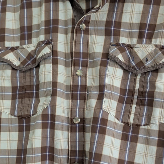 7 Diamonds Brown Maroon and White Plaid Pearl Snap Button Down Shirt Men's Medium