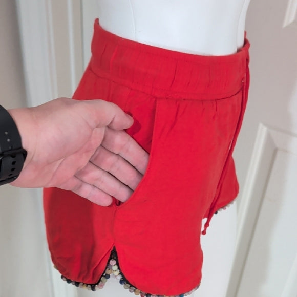 Honey Punch Vibrant Red Women's Drawstring Athletic Shorts with Beads size Small