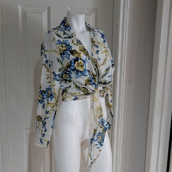 Joie 100% Linen Floral Faux Wrap Blouse, Size Medium Women's Top