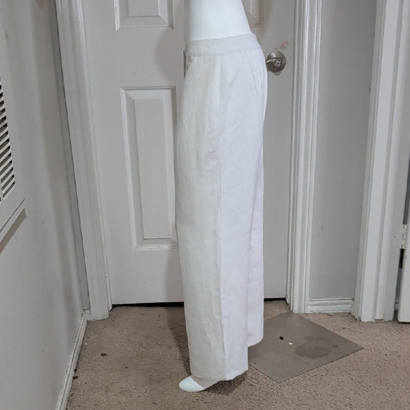 Vintage Classic White Wide Linen Leg Women's Pants L/XL