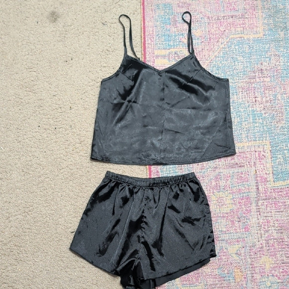Elegant Black Satin Sleepwear Set Women's Small