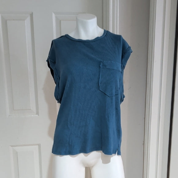SHEIN Blue Ribbed Short Sleeve Tee Women's Medium