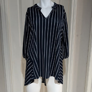 Chic Navy Blue Striped V-Neck Tunic Women's L/XL