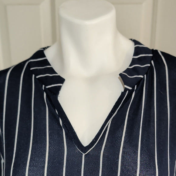 Chic Navy Blue Striped V-Neck Tunic Women's L/XL