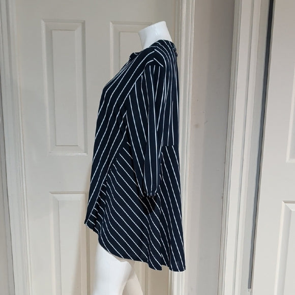 Chic Navy Blue Striped V-Neck Tunic Women's L/XL