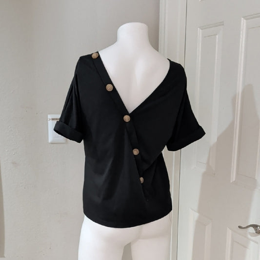 Elegant Black Short Sleeve Women's Top Small Low Back Mock Button Down