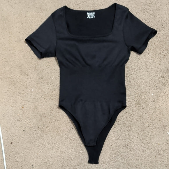 OQQ Chic Black Ribbed Women's Bodysuit Large