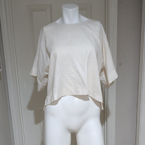 DKNY Cream Linen Cropped Short Sleeve Women's Top Medium