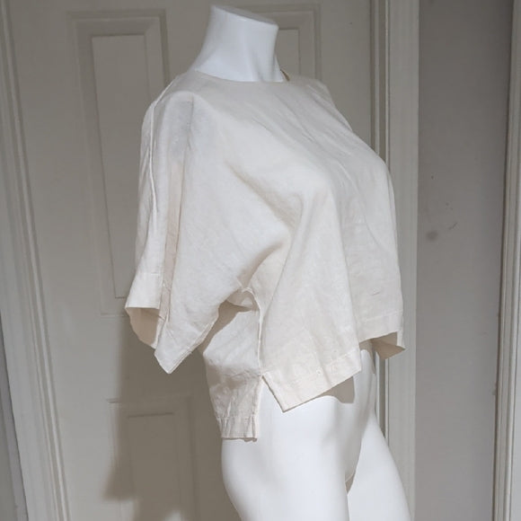 DKNY Cream Linen Cropped Short Sleeve Women's Top Medium