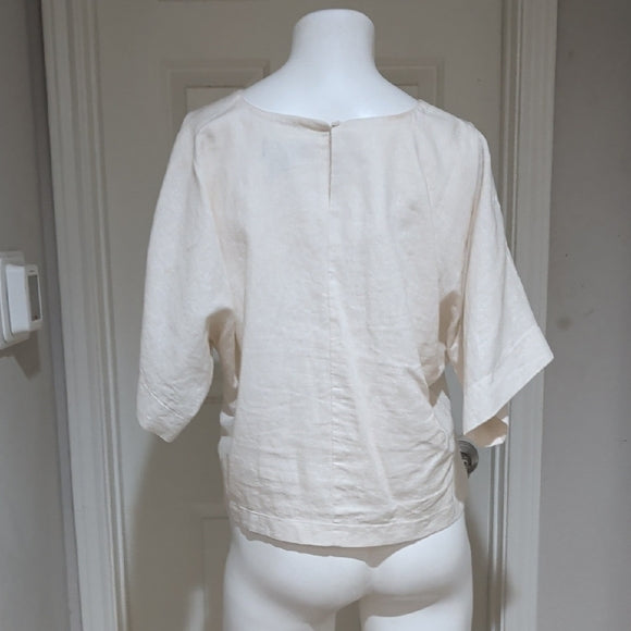 DKNY Cream Linen Cropped Short Sleeve Women's Top Medium