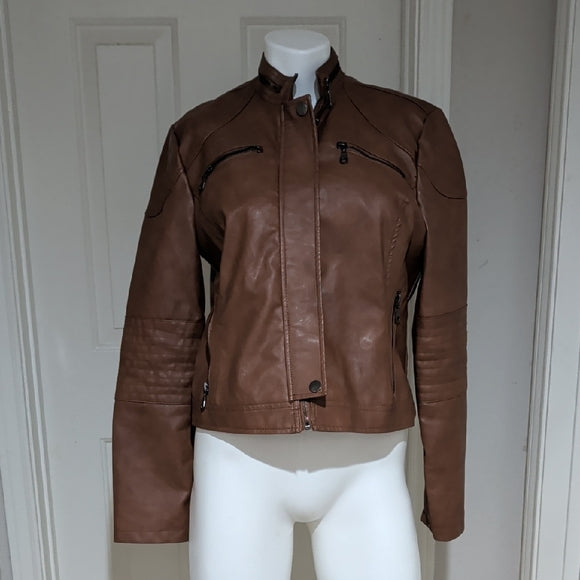 Maralyn & Me Juniors Faux-Leather Cognac Moto Zip Front Biker Jacket Medium