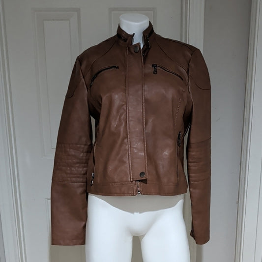 Maralyn & Me Juniors Faux-Leather Cognac Moto Zip Front Biker Jacket Medium
