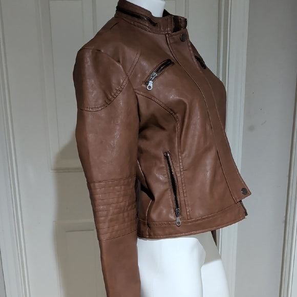 Maralyn & Me Juniors Faux-Leather Cognac Moto Zip Front Biker Jacket Medium