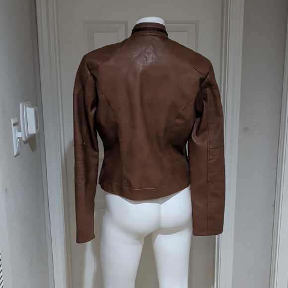 Maralyn & Me Juniors Faux-Leather Cognac Moto Zip Front Biker Jacket Medium