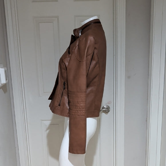Maralyn & Me Juniors Faux-Leather Cognac Moto Zip Front Biker Jacket Medium